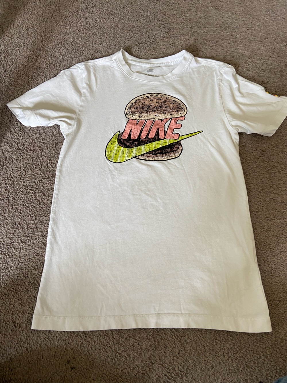 Nike mens White Short Sleeve Tee with Pink & Lime Burger Graphic